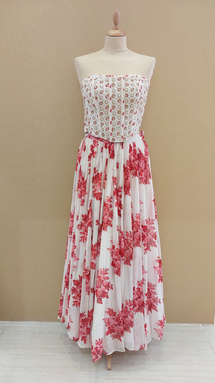 White and Red Embellished Corset Top with Flowy Skirt and Dupatta| SILK SAGA