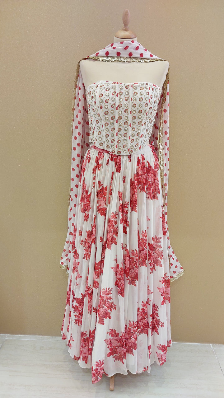 White and Red Embellished Corset Top with Flowy Skirt and Dupatta| SILK SAGA