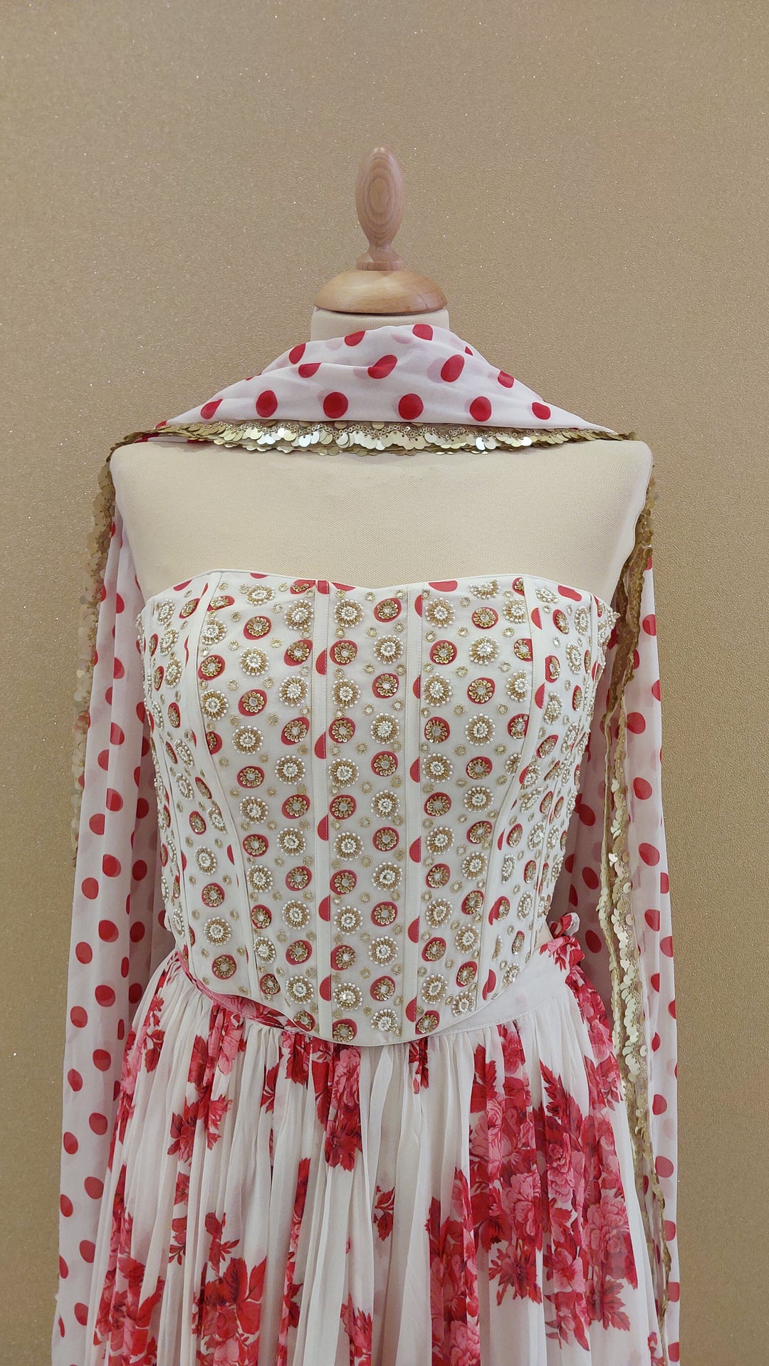 White and Red Embellished Corset Top with Flowy Skirt and Dupatta| SILK SAGA