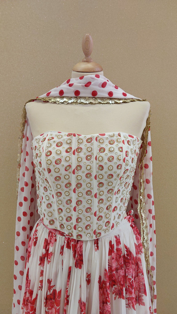 White and Red Embellished Corset Top with Flowy Skirt and Dupatta| SILK SAGA