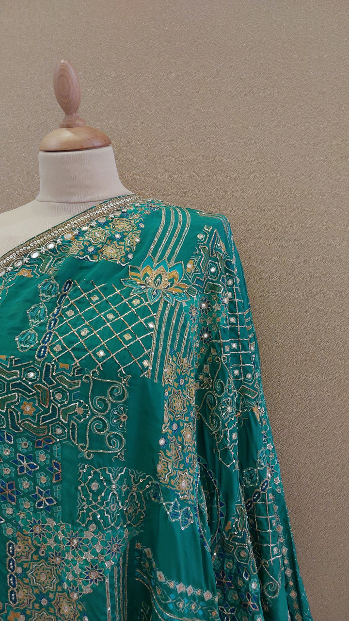Green Embellished Asymmetric Top with Matching Pants  | SILK SAGA