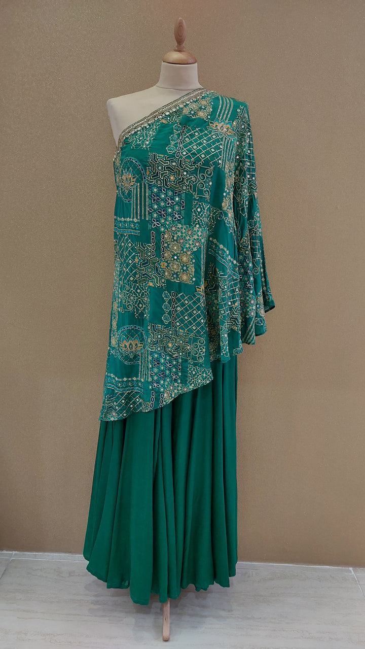 Green Embellished Asymmetric Top with Matching Pants  | SILK SAGA
