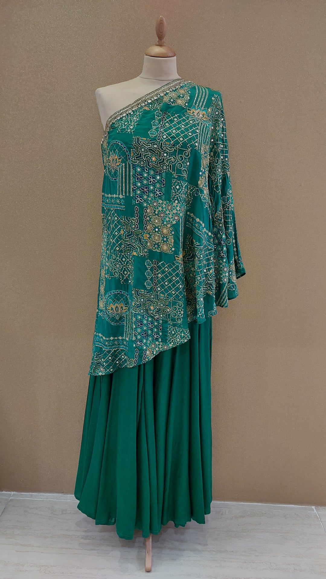 Green Embellished Asymmetric Top with Matching Pants  | SILK SAGA