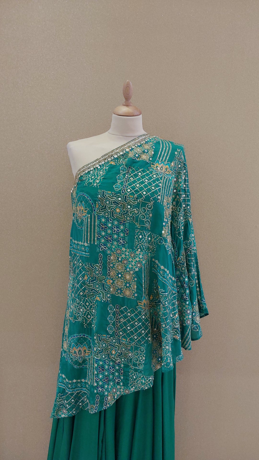 Green Embellished Asymmetric Top with Matching Pants  | SILK SAGA