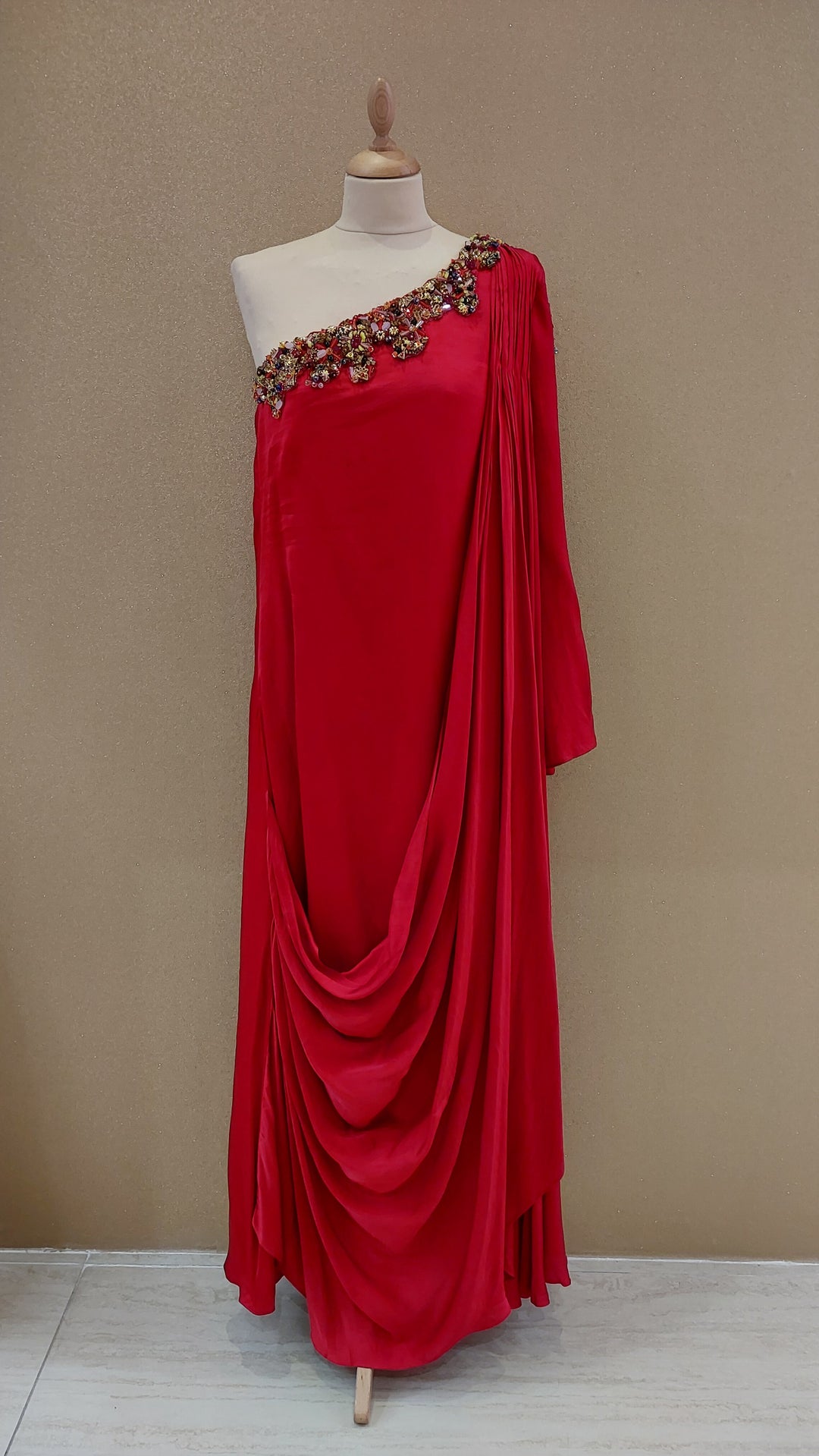 Red Embellished One-Shoulder Asymmetric Gown| Label Pramila