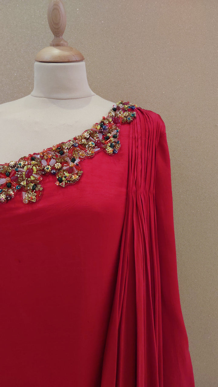 Red Embellished One-Shoulder Asymmetric Gown| Label Pramila