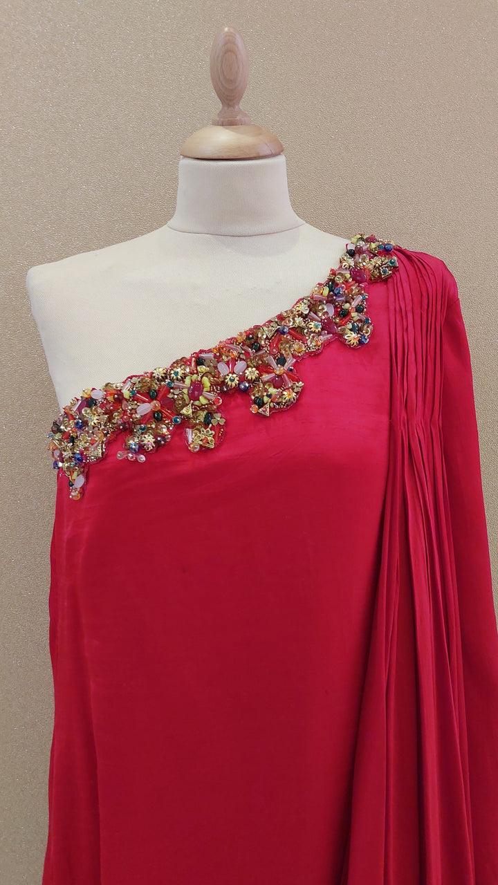 Red Embellished One-Shoulder Asymmetric Gown| Label Pramila