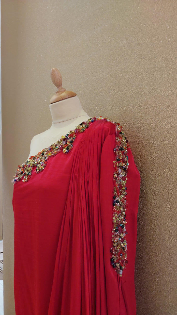 Red Embellished One-Shoulder Asymmetric Gown| Label Pramila