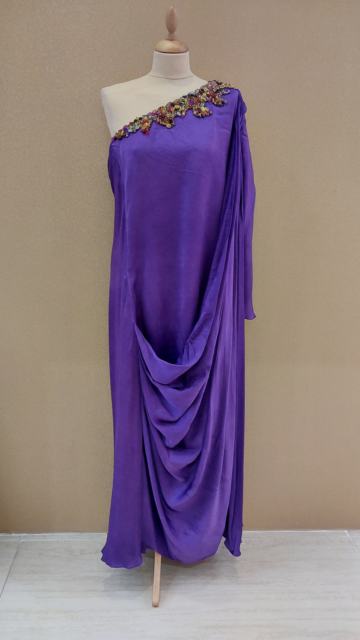 Purple Embellished One-Shoulder Asymmetric Gown| Label Pramila
