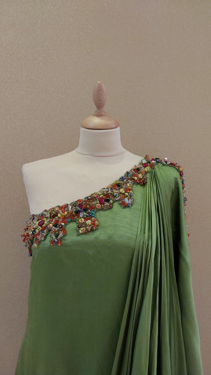 Green Embellished One-Shoulder Asymmetric Gown| Label Pramila