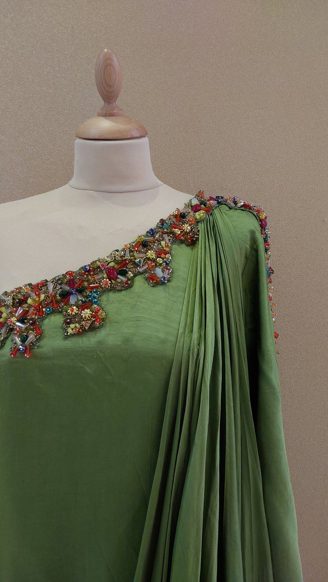 Green Embellished One-Shoulder Asymmetric Gown| Label Pramila