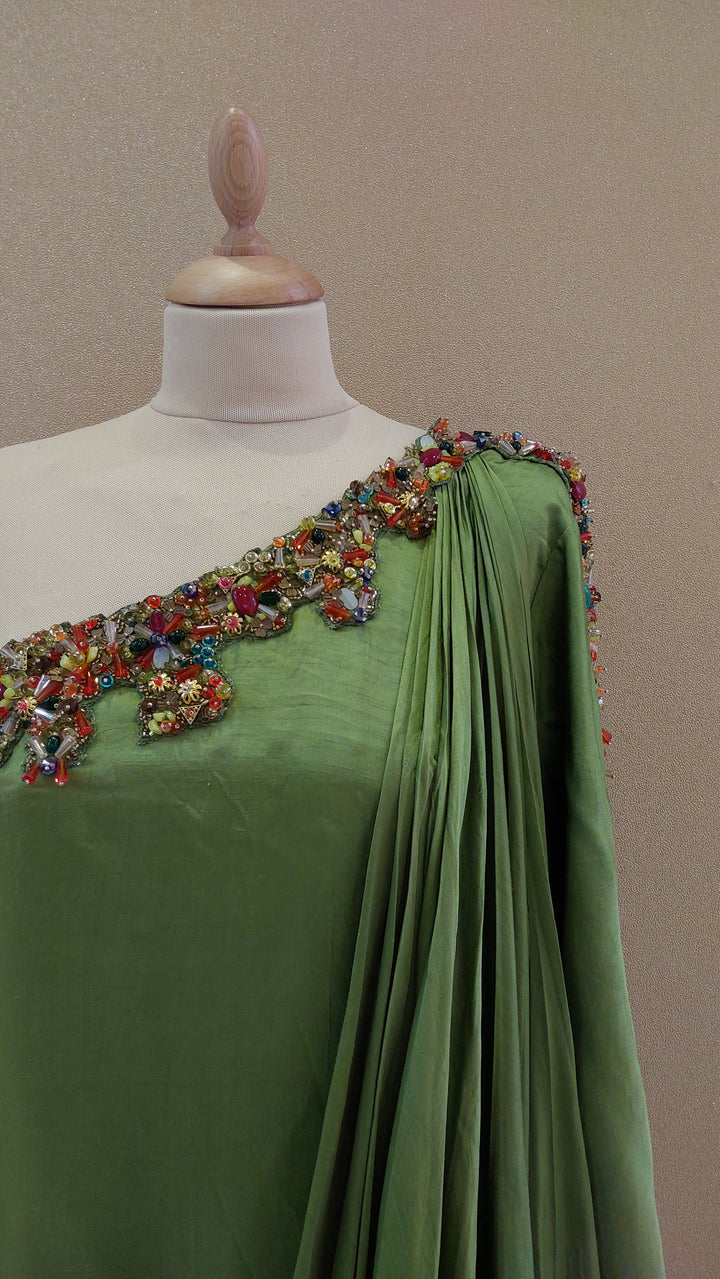 Green Embellished One-Shoulder Asymmetric Gown| Label Pramila