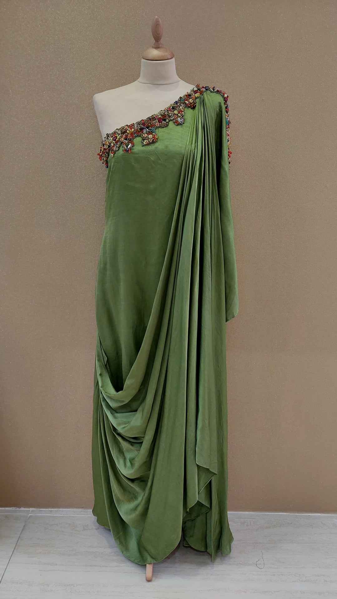 Green Embellished One-Shoulder Asymmetric Gown| Label Pramila