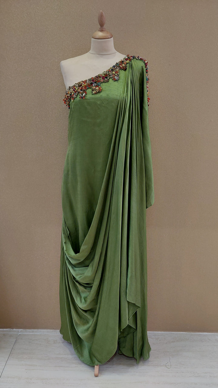 Green Embellished One-Shoulder Asymmetric Gown| Label Pramila
