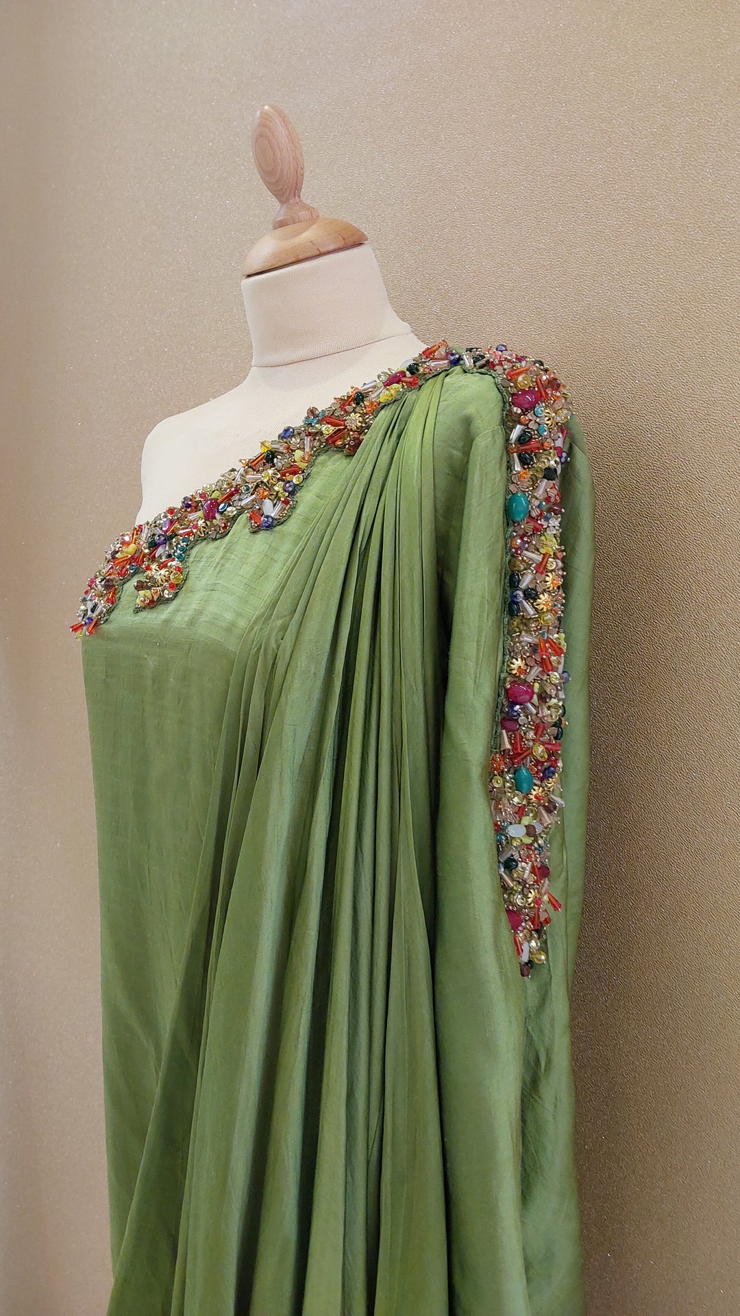 Green Embellished One-Shoulder Asymmetric Gown| Label Pramila