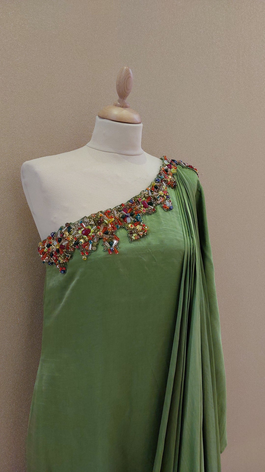 Green Embellished One-Shoulder Asymmetric Gown| Label Pramila