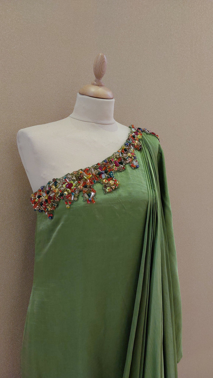 Green Embellished One-Shoulder Asymmetric Gown| Label Pramila