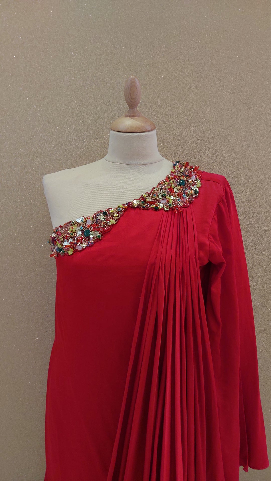 Red Embellished One-Shoulder Asymmetric Gown with Matching Belt | Label Pramila