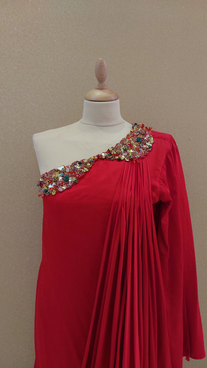 Red Embellished One-Shoulder Asymmetric Gown with Matching Belt | Label Pramila