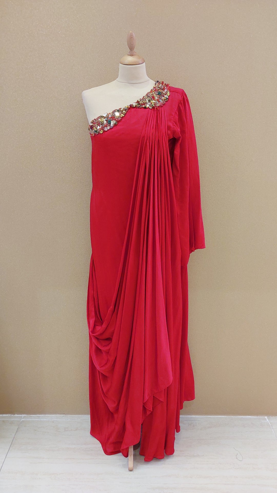 Red Embellished One-Shoulder Asymmetric Gown with Matching Belt | Label Pramila
