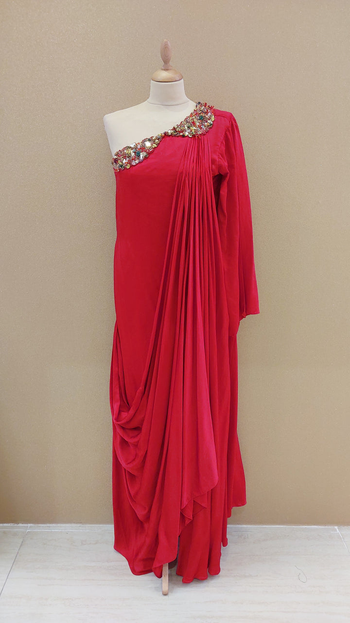 Red Embellished One-Shoulder Asymmetric Gown with Matching Belt | Label Pramila