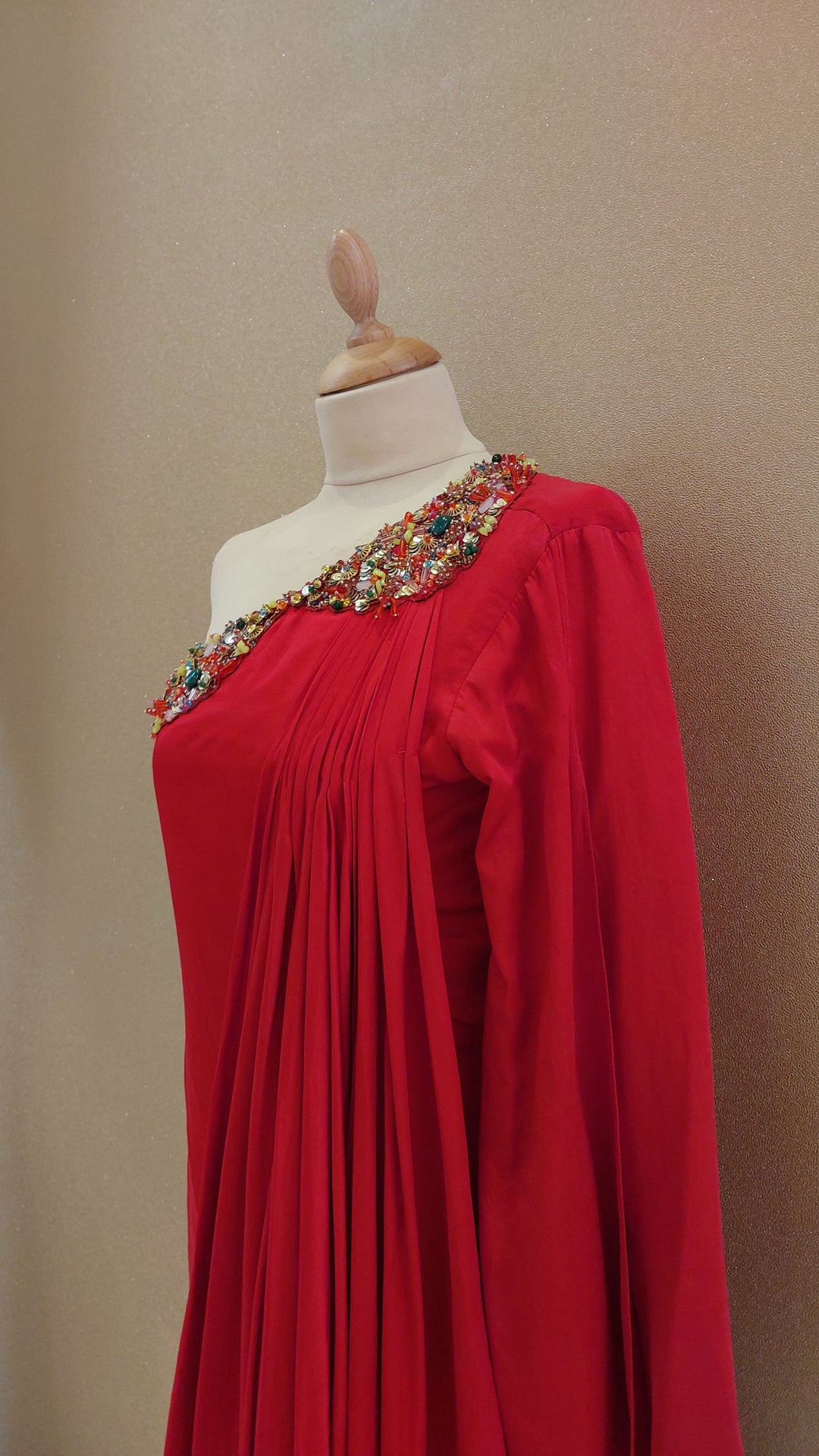 Red Embellished One-Shoulder Asymmetric Gown with Matching Belt | Label Pramila