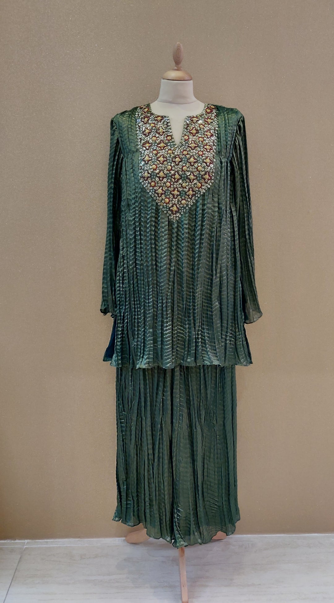 Dark Green Embellished Kurti with Matching Pants| Label Pramila