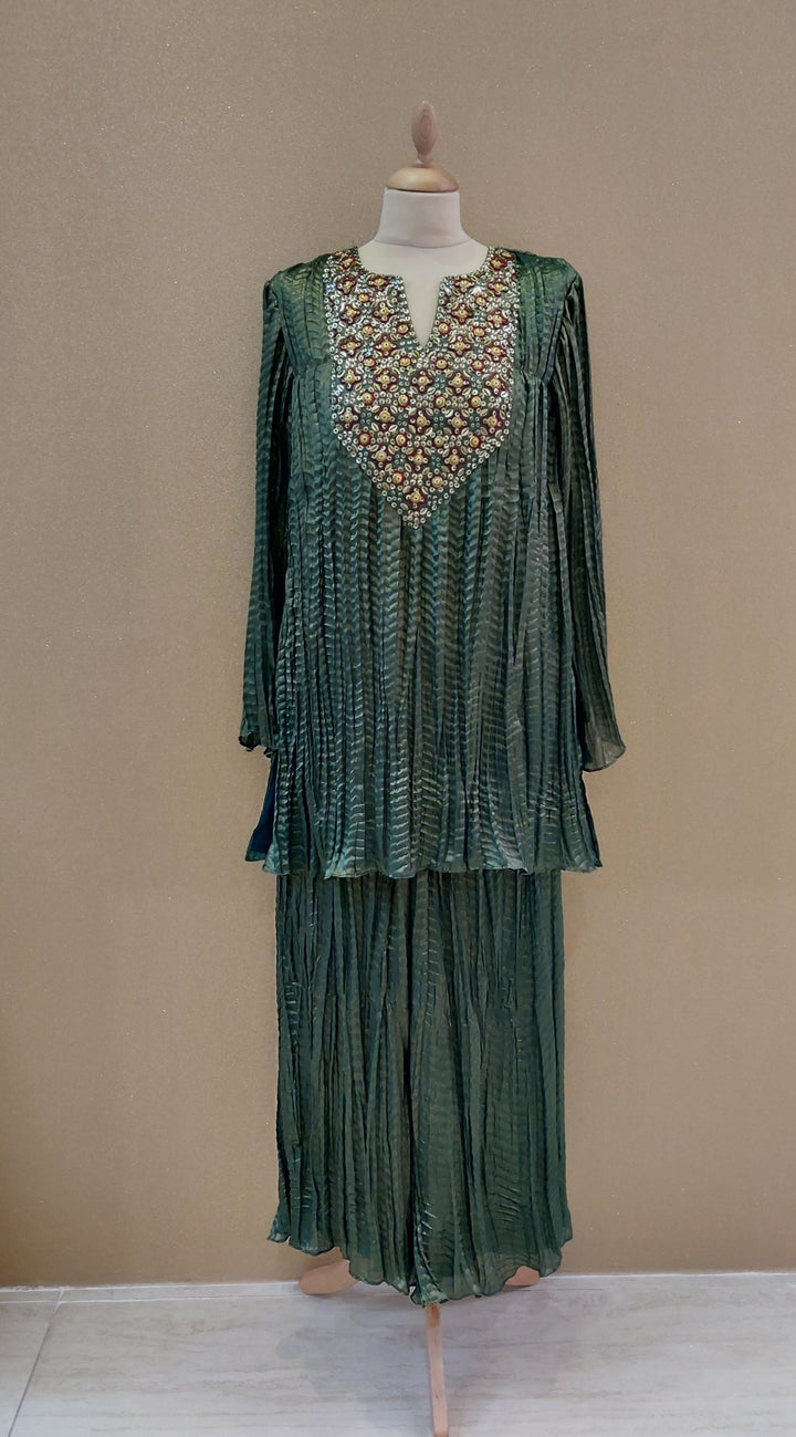 Dark Green Embellished Kurti with Matching Pants| Label Pramila