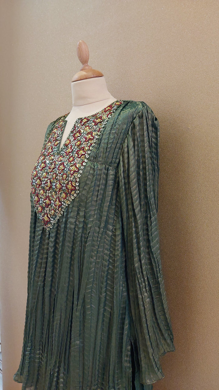 Dark Green Embellished Kurti with Matching Pants| Label Pramila