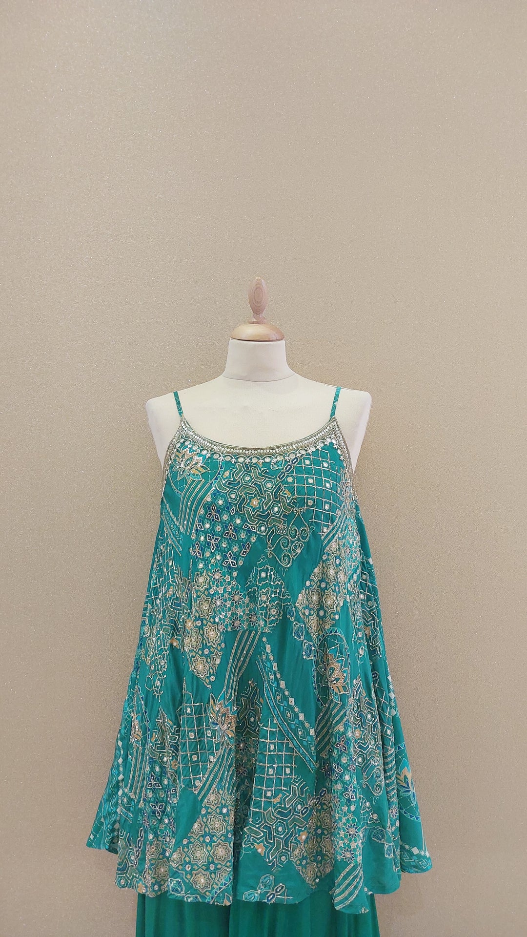 Green Embellished Peplum Top with Matching Sharara Pants and Dupatta| SILK SAGA