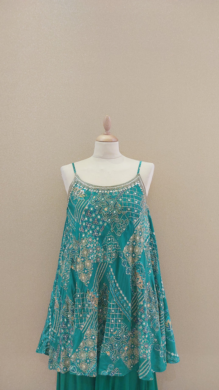 Green Embellished Peplum Top with Matching Sharara Pants and Dupatta| SILK SAGA