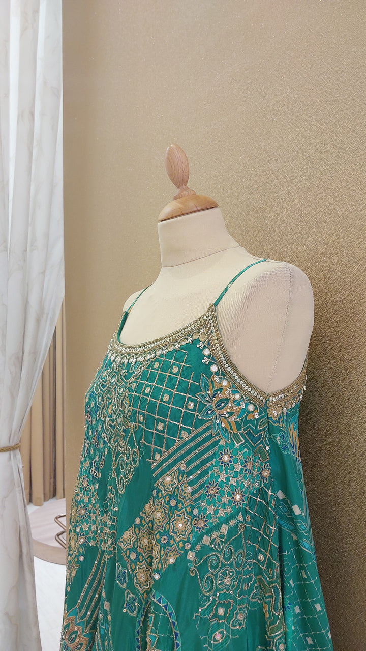 Green Embellished Peplum Top with Matching Sharara Pants and Dupatta| SILK SAGA