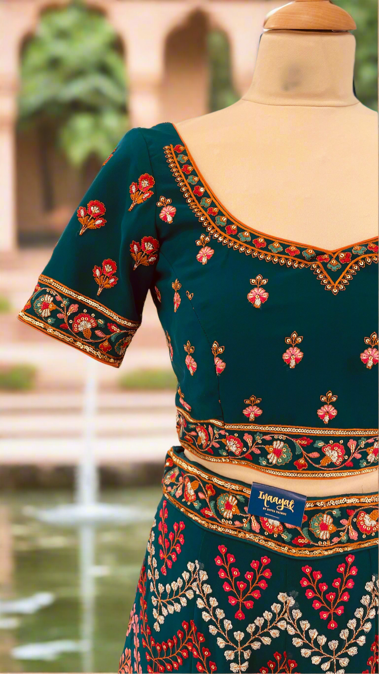 Shagun Peacock Blue Geometric Colorful Dotted Chevron Design Lehenga Set (Ready to Wear)