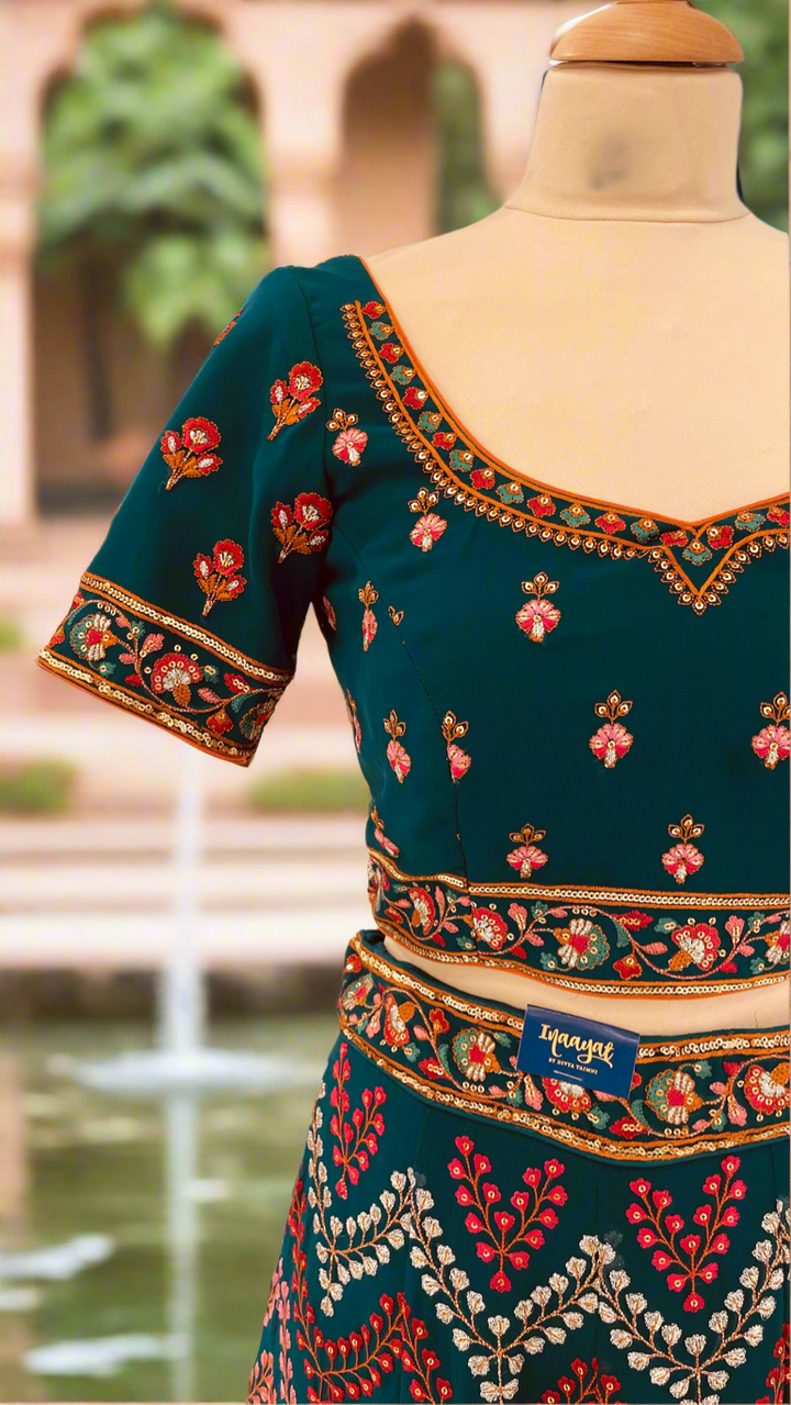 Shagun Peacock Blue Geometric Colorful Dotted Chevron Design Lehenga Set (Ready to Wear)