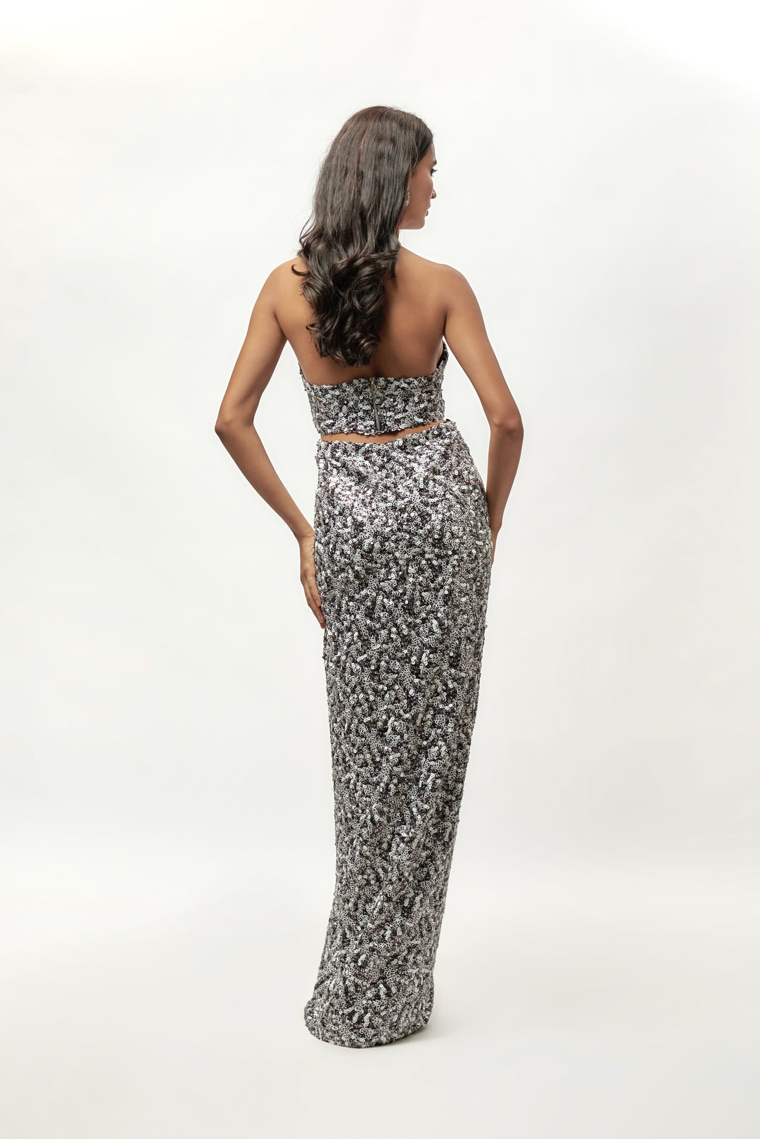 BLACK AND WHITE SEQUIN HALTER NECK CUT OUT GOWN | EMBLAZE