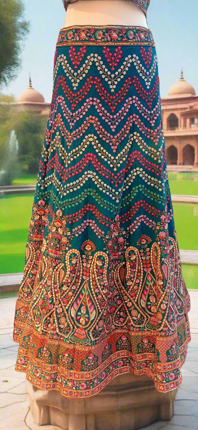 Shagun Peacock Blue Geometric Colorful Dotted Chevron Design Lehenga Set (Ready to Wear)