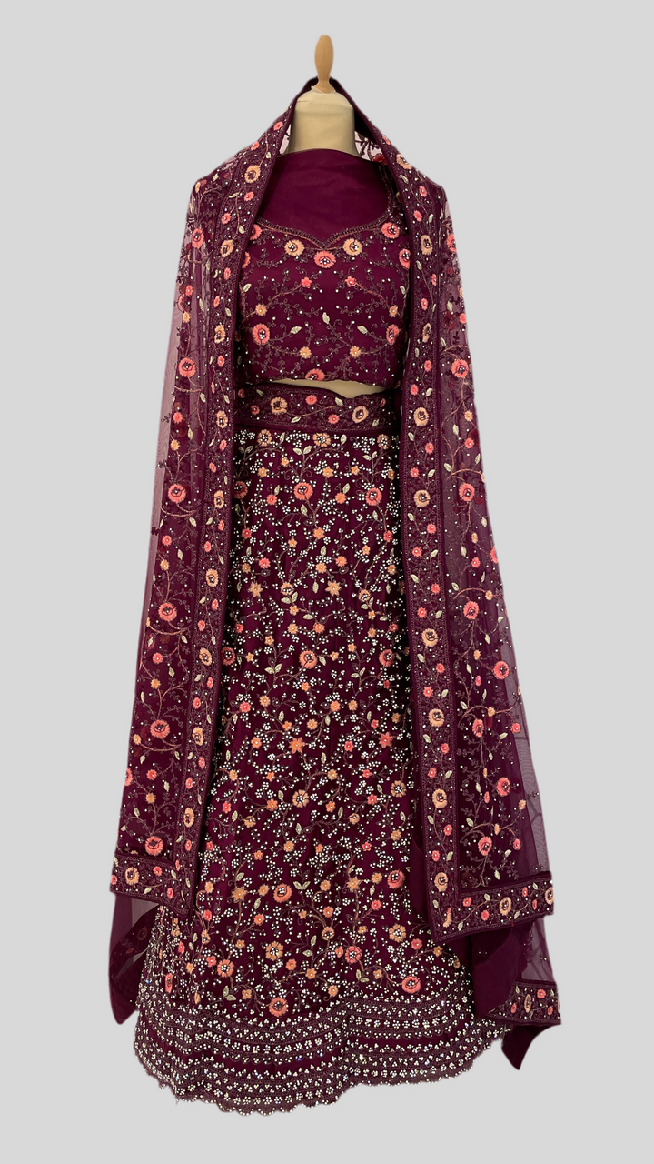 Shagun Wine Coloured Lehenga (Unstitched) | Inaayat by Divya Taimni