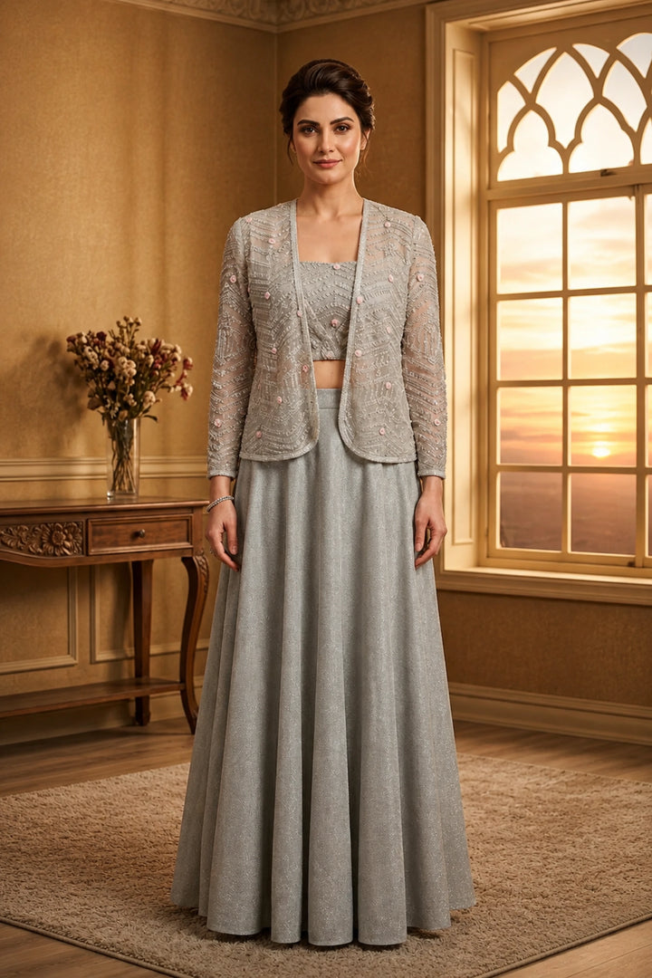Light Pink Slit Jacket With Inner Tube and Shimmer Lycra Skirt| Private Collections
