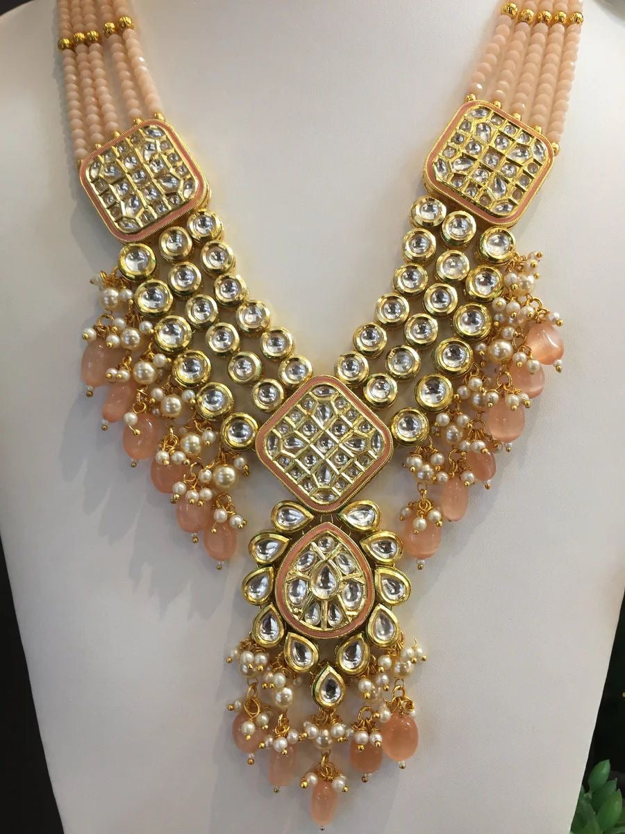Xenia Kundan and Peach Beaded Necklace and Earrings Set|Inaayat by Divya Taimni