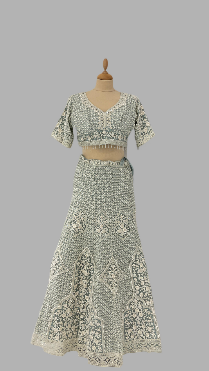 Shagun Ice Blue Lehenga Set with White Beads and Pearls | Inaayat by Divya Taimni