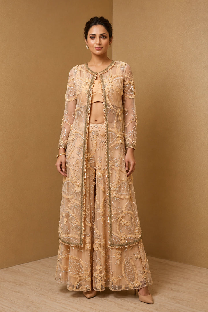 Peach Tulle Long Jacket Inner Top and Skirt| Private Collections