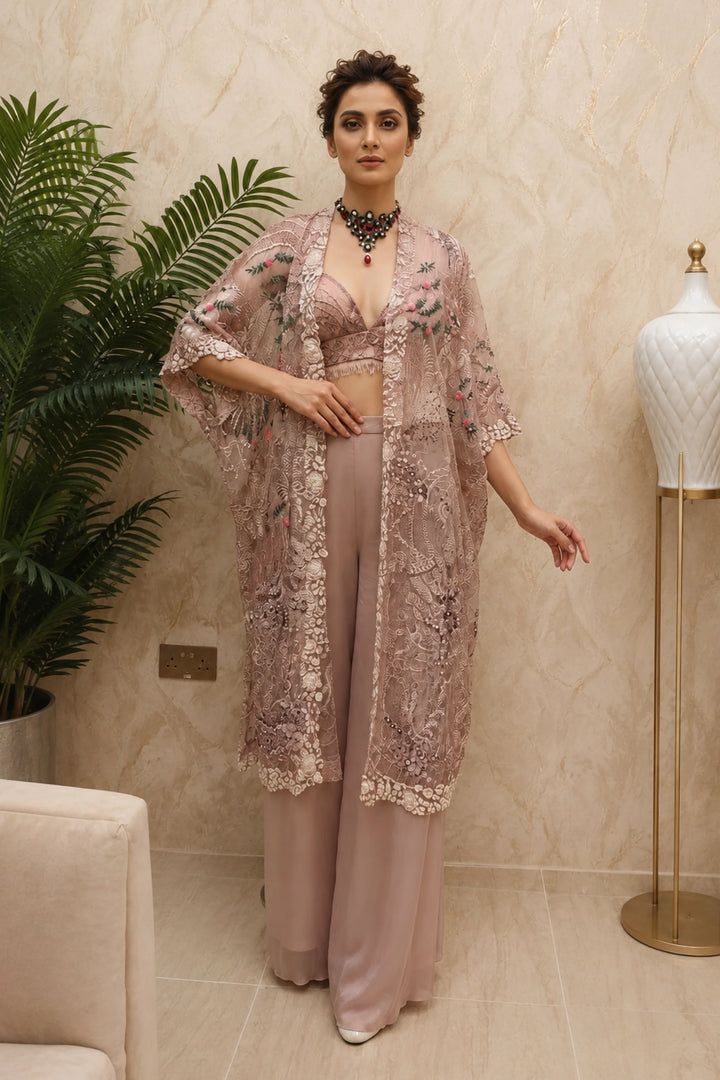 Dusty Pink Hand-Embroidered Cape Set|VARUN BAHL