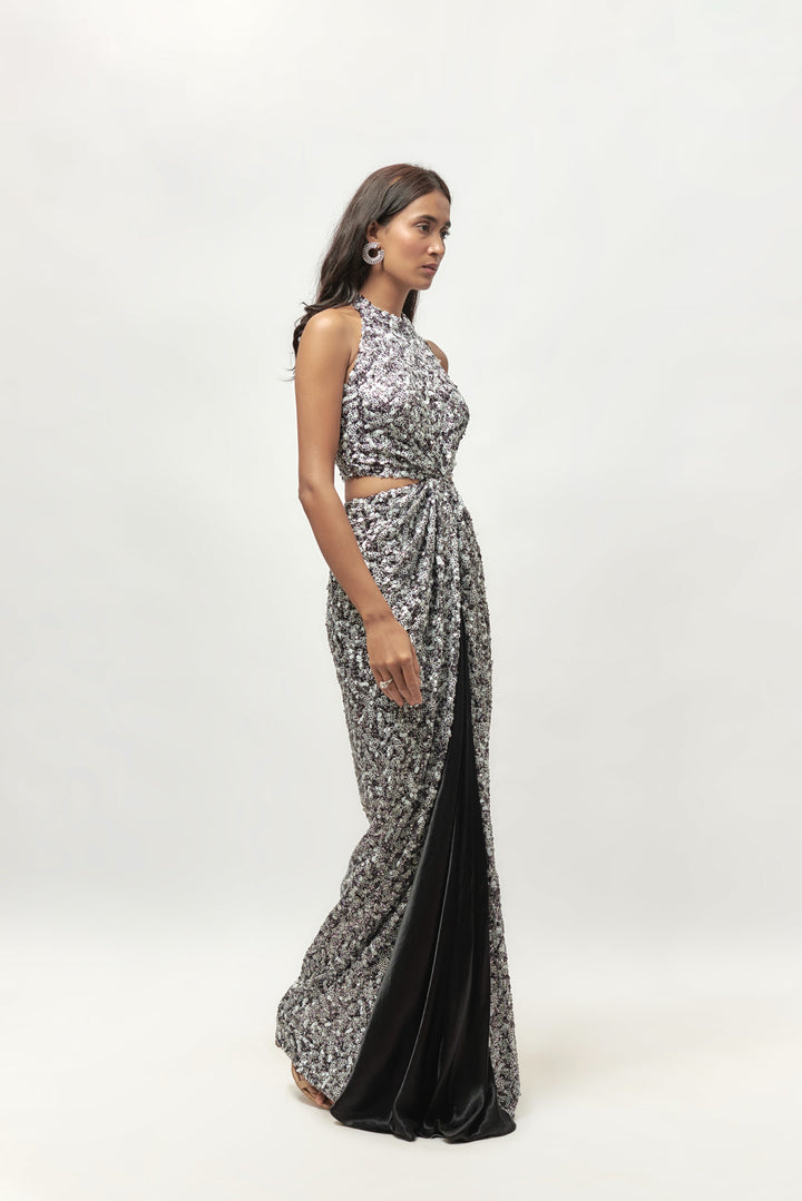BLACK AND WHITE SEQUIN HALTER NECK CUT OUT GOWN | EMBLAZE