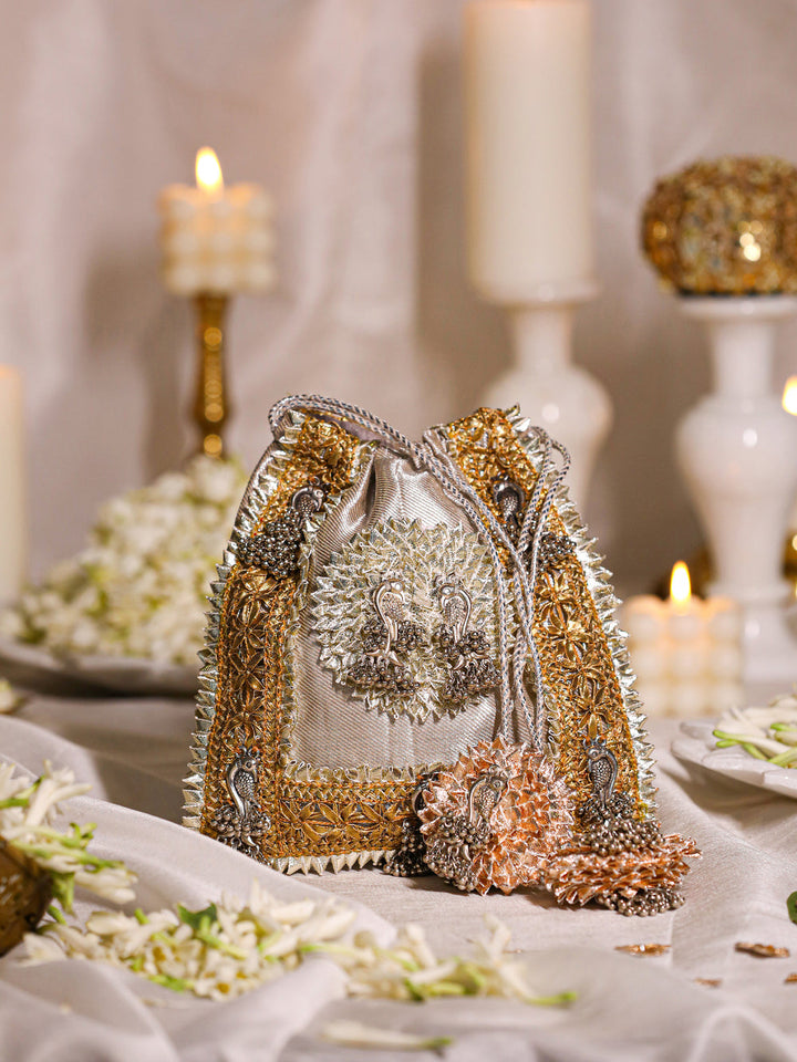 Mayra Silver Drawstring Bag | 5 Elements by Radhika
