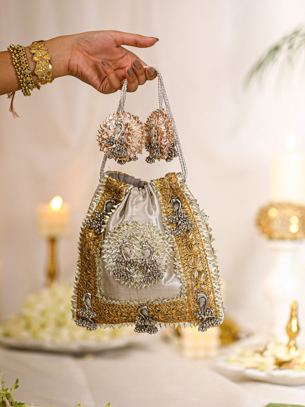 Mayra Silver Drawstring Bag | 5 Elements by Radhika