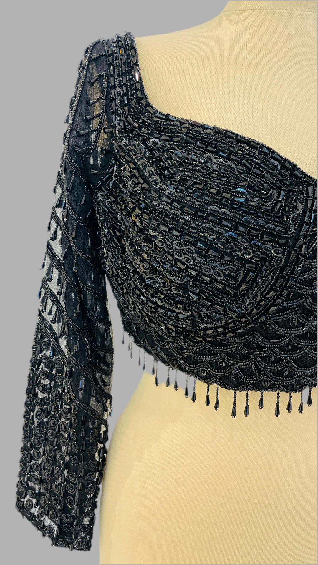 Black Beaded Chantilly Lace Pre-Stitched Saree (Ready to Wear)