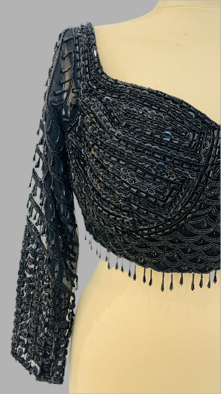 Black Beaded Chantilly Lace Pre-Stitched Saree (Ready to Wear)