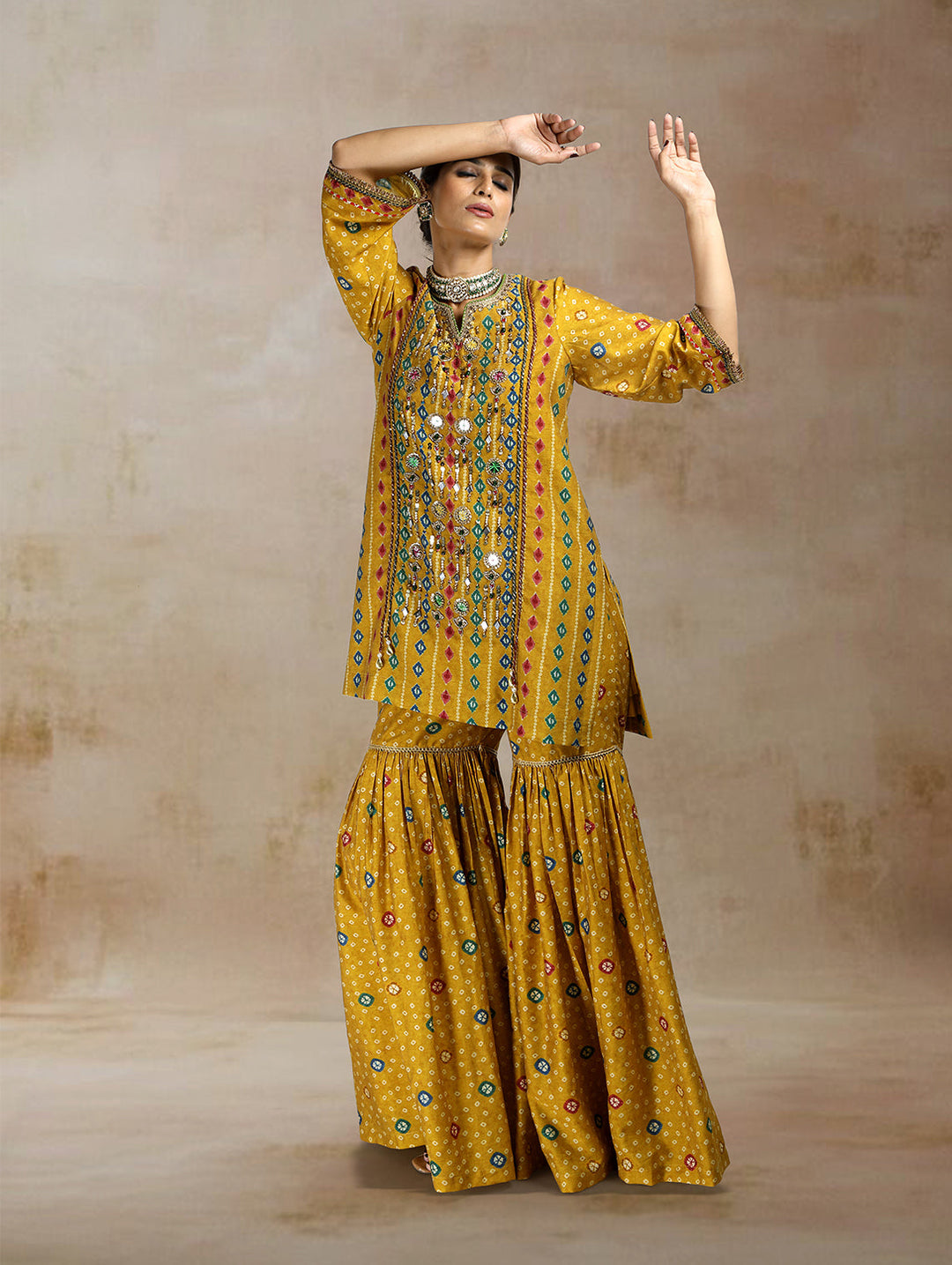 Raiza Ikat Bandhini Peplum Sharara Set| The Bumble Bee