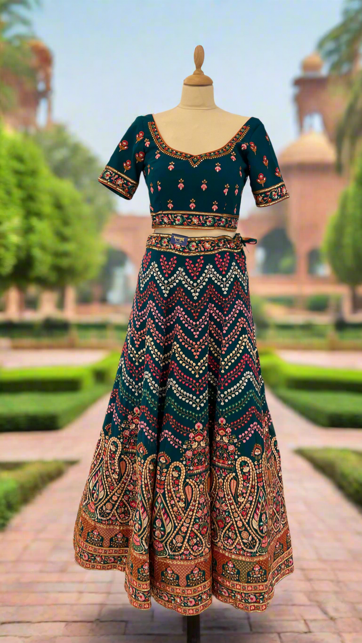 Shagun Peacock Blue Geometric Colorful Dotted Chevron Design Lehenga Set (Ready to Wear)