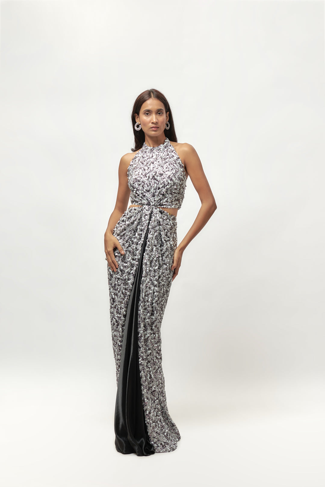 BLACK AND WHITE SEQUIN HALTER NECK CUT OUT GOWN | EMBLAZE